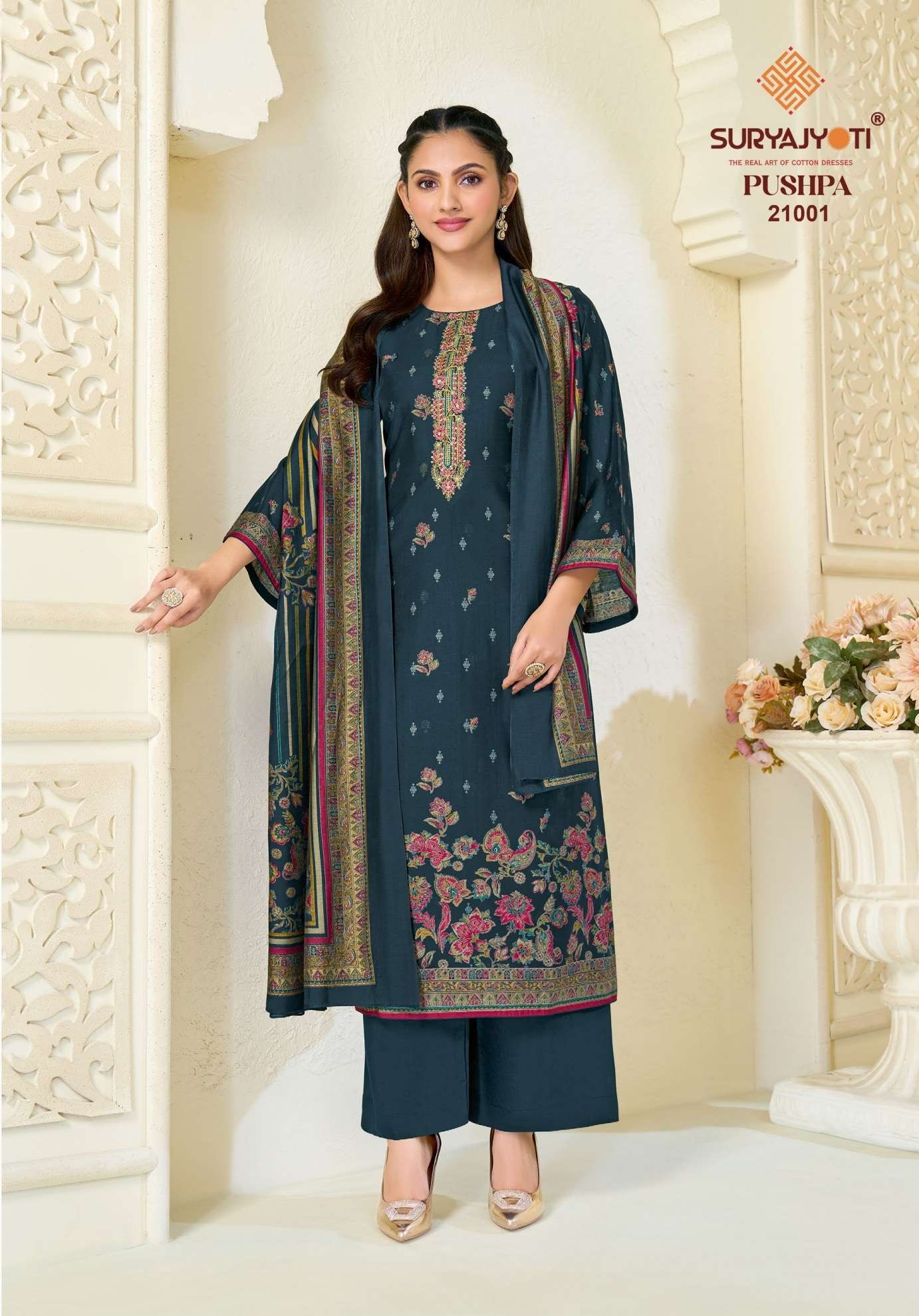 PUSHPA VOL-21 SERIES 21001 TO 21008 BY SURYAJYOTI DESIGNER PRINTED AND WORK MODAL SUITS ARE AVAILABLE AT WHOLESALE PRICE