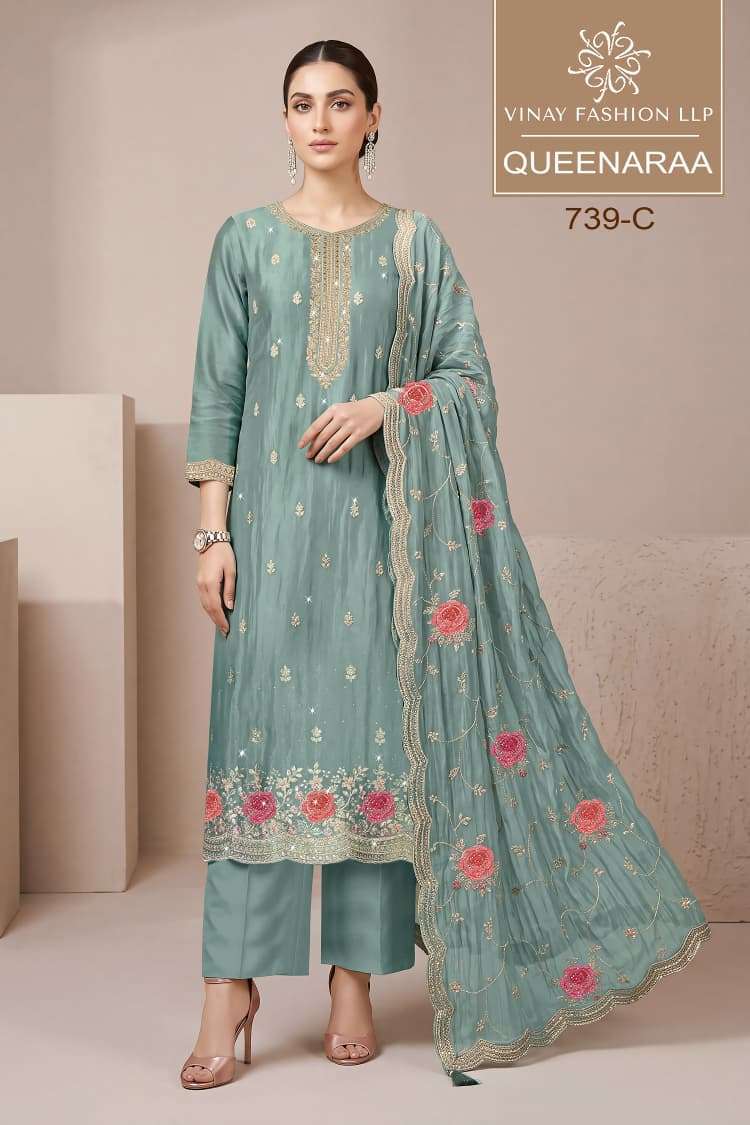 QUEENARAA SERIES 739 BY VINAY DESIGNER THREAD EMBROIDERY WORK GOLD SILK SUITS ARE AVAILABLE AT WHOLESALE PRICE