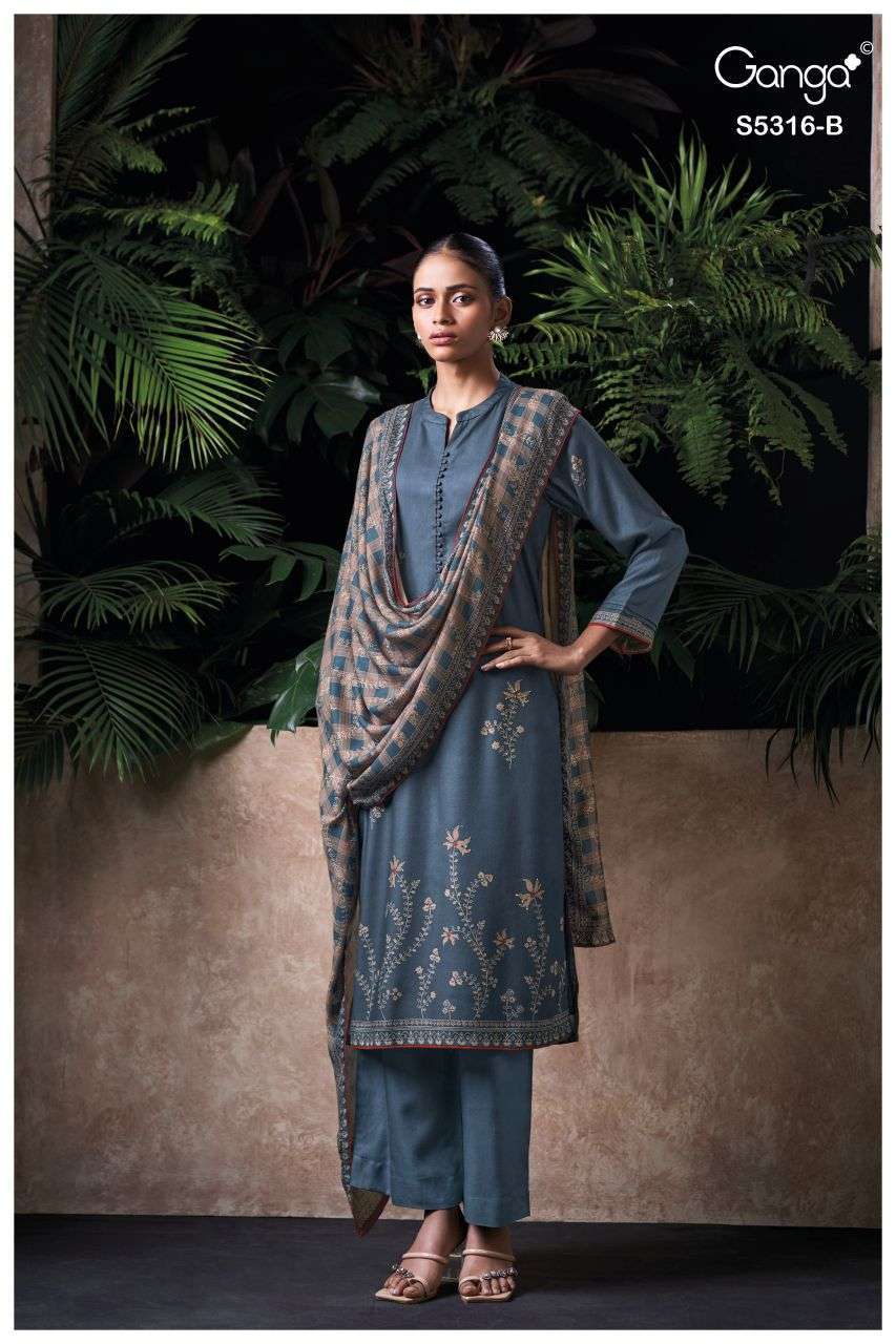 RAEVIA SERIES 5316 BY GANGA DESIGNER PRINTED AND HAND WORK WOOL PASHMINA SUITS ARE AVAILABLE AT WHOLESALE PRICE 