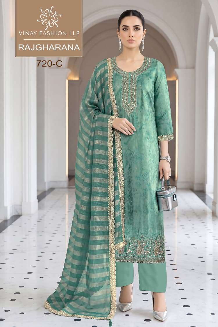 RAJGHARANA SERIES 720 BY VINAY DESIGNER DIGITAL PRINTED AND BEADS WORK SHIMMER SILK SUITS ARE AVAILABLE AT WHOLESALE PRICE 