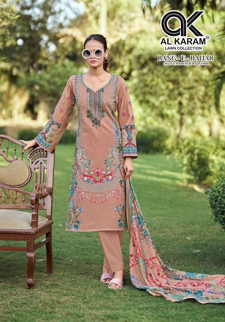 RANG E BAHAR SERIES 1001 TO 1006 BY AL KARAM DESIGNER DIGITAL PRINTED AND EMBROIDERY WORK COTTON SUITS ARE AVAILABLE AT WHOLESALE PRICE 