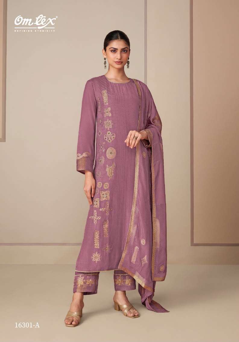 RANGTAARI SERIES 16301 BY OMTEX DESIGNER EMBROIDERY WORK MUSLIN JACQUARD SUITS ARE AVAILABLE AT WHOLESALE PRICE