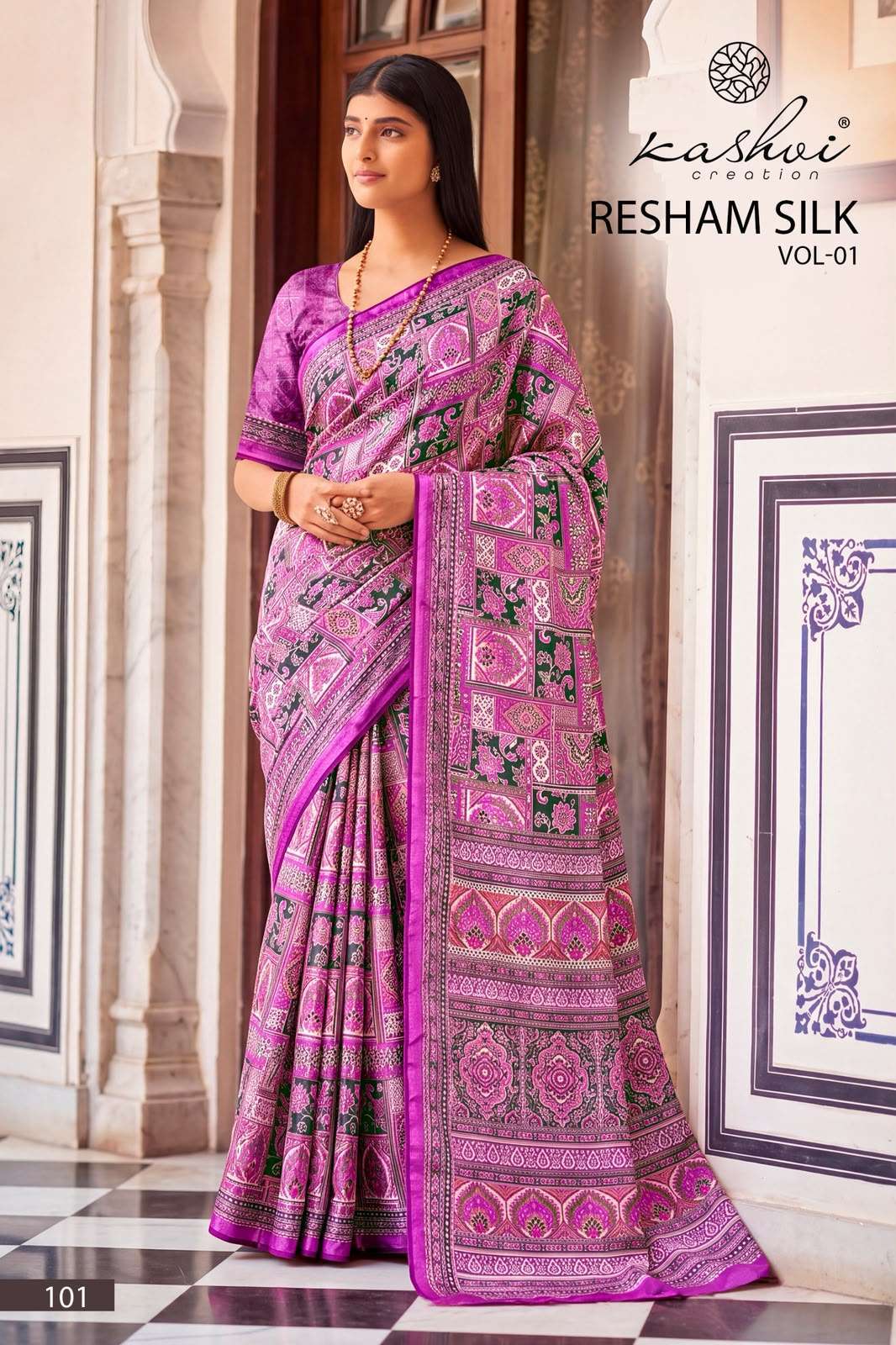 RESHAM SILK VOL-1 SERIES 101 TO 108 SAREE BY KASHVI DESIGNER DIGITAL PRINTED CREPE SILK SUITS ARE AVAILABLE AT WHOLESALE PRICE 
