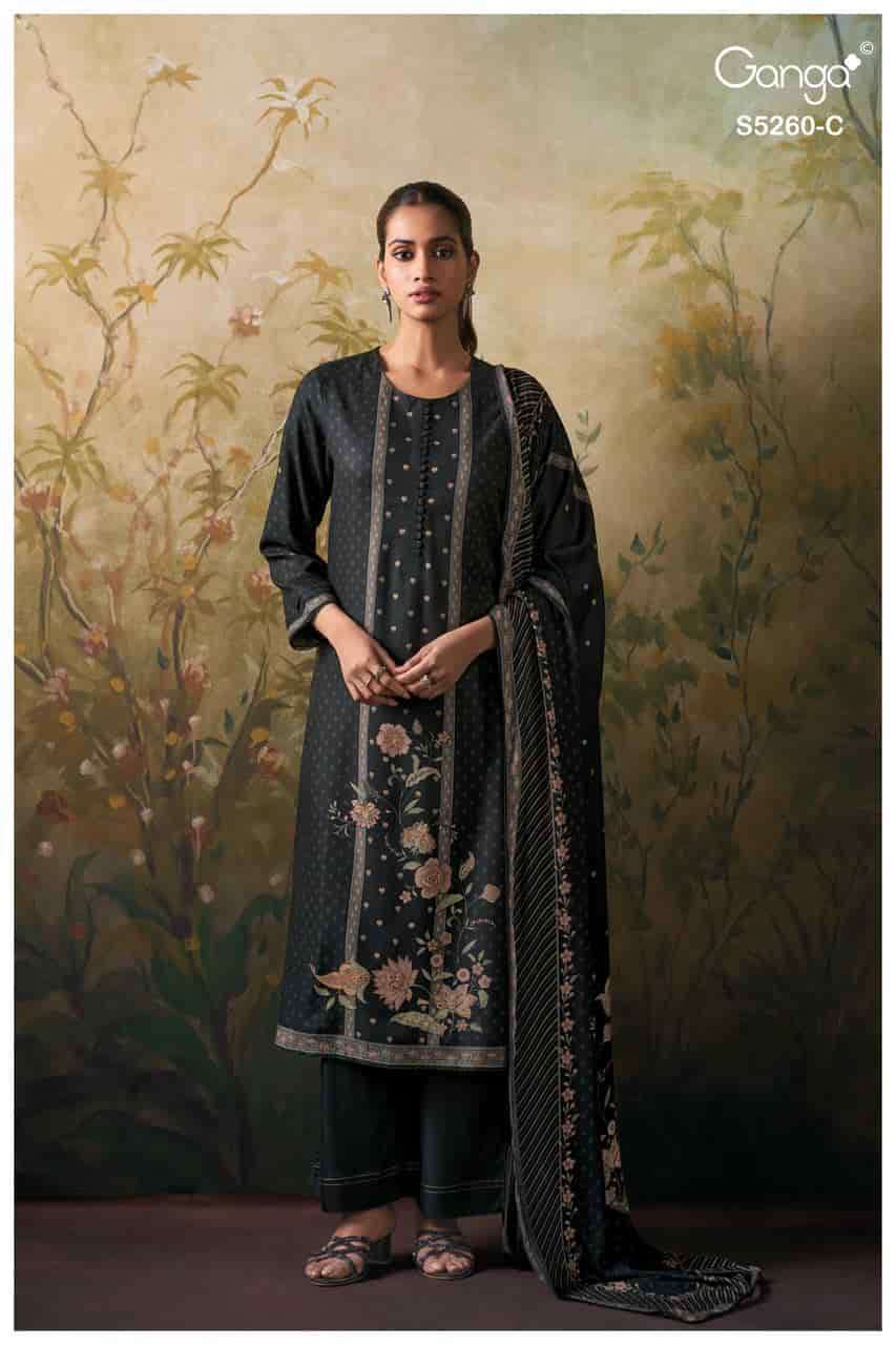 RISHSA SERIES 5260 BY GANGA DESIGNER PRINTED WITH HAND WORK AND SCHIFFLI EMBROIDERY WORK WOOL PASHMINA SUITS ARE AVAILABLE AT WHOLESALE PRICE