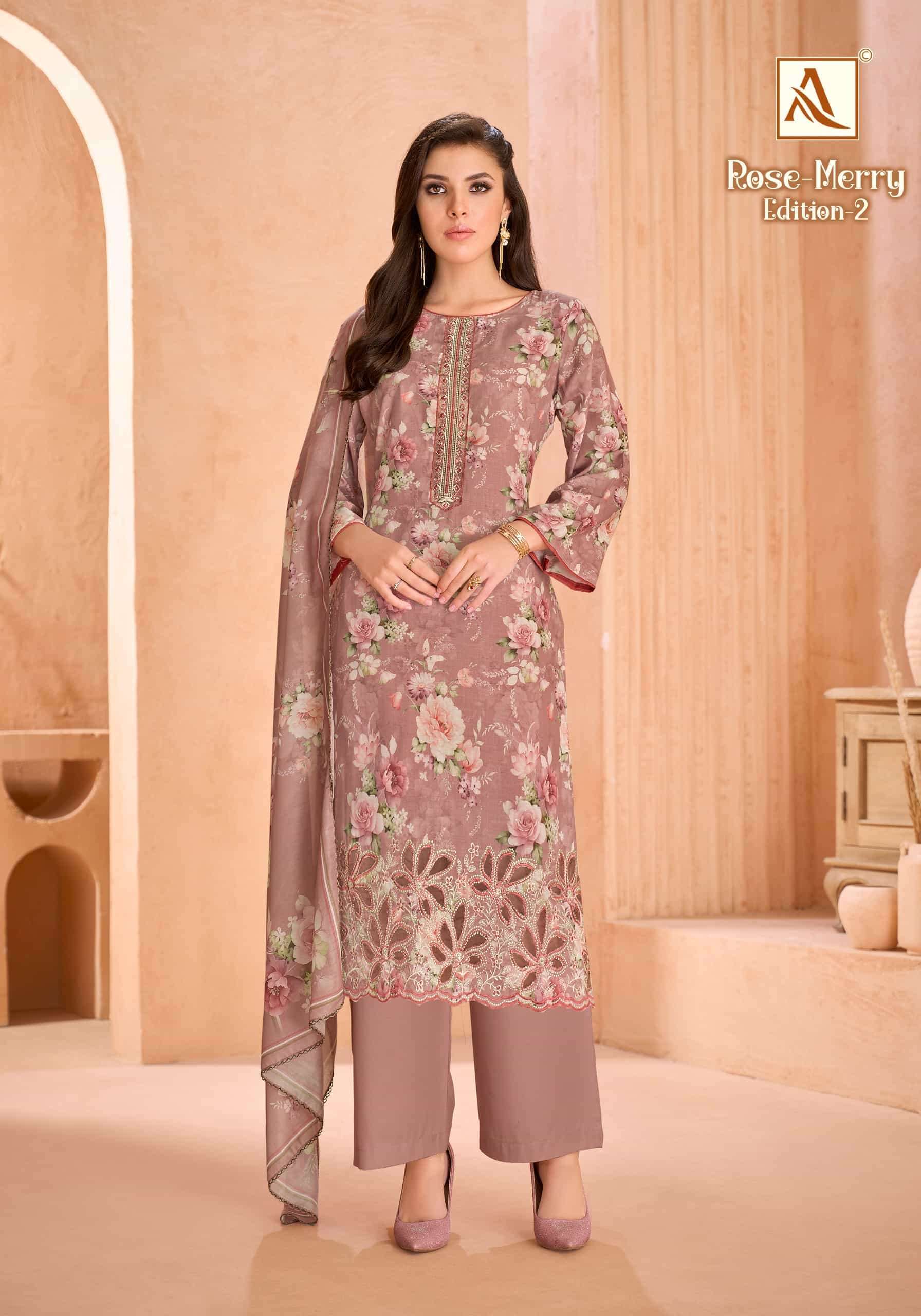 ROSE MERRY EDITION-2 SERIES 3070 BY ALOK SUITS DESIGNER PRINTED AND EPLIC WORK COTTON SUITS ARE AVAILABLE AT WHOLESALE PRICE 