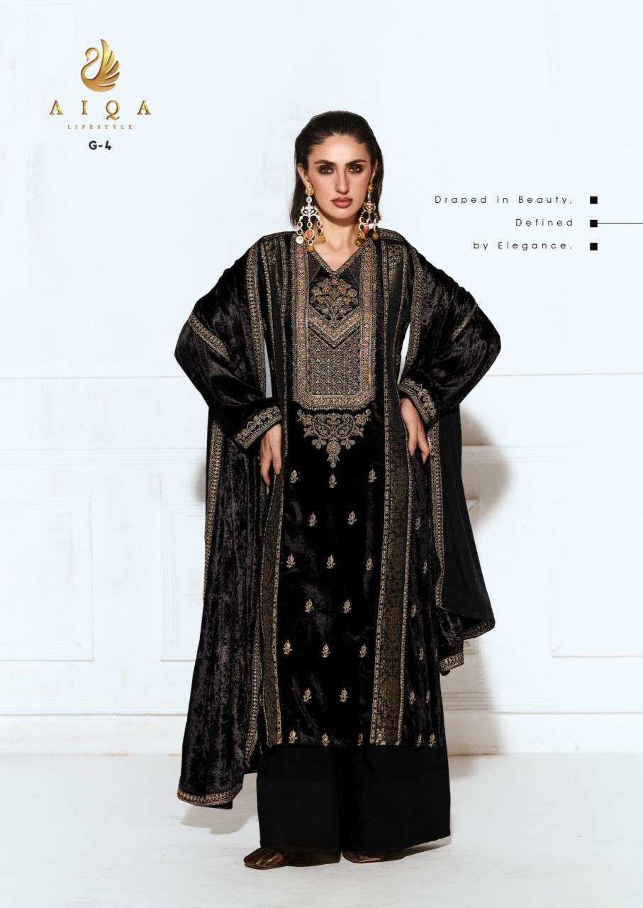 RUBAAB SERIES G1 TO G6 BY AIQA DESIGNER FANCY WORK VISCOSE VELVET SUITS ARE AVAILABLE AT WHOLESALE PRICE