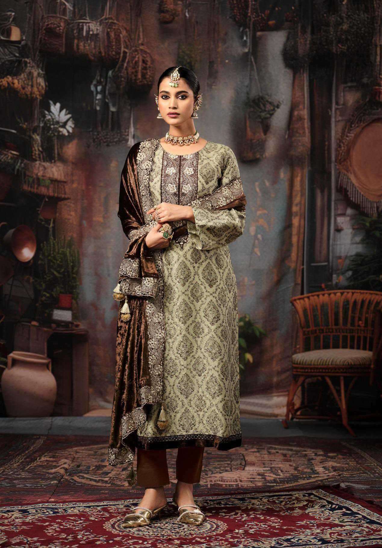 RUKHSAR SERIES 11461 TO 11464 BY IBIZA DESIGNER TANSHVI SILK JACQUARD POSITION PRINT VELVET PACH  DELICATE HANDWORK & EMBROIDERY WORK SUITS ARE AVAILABLE AT WHOLESALE PRICE