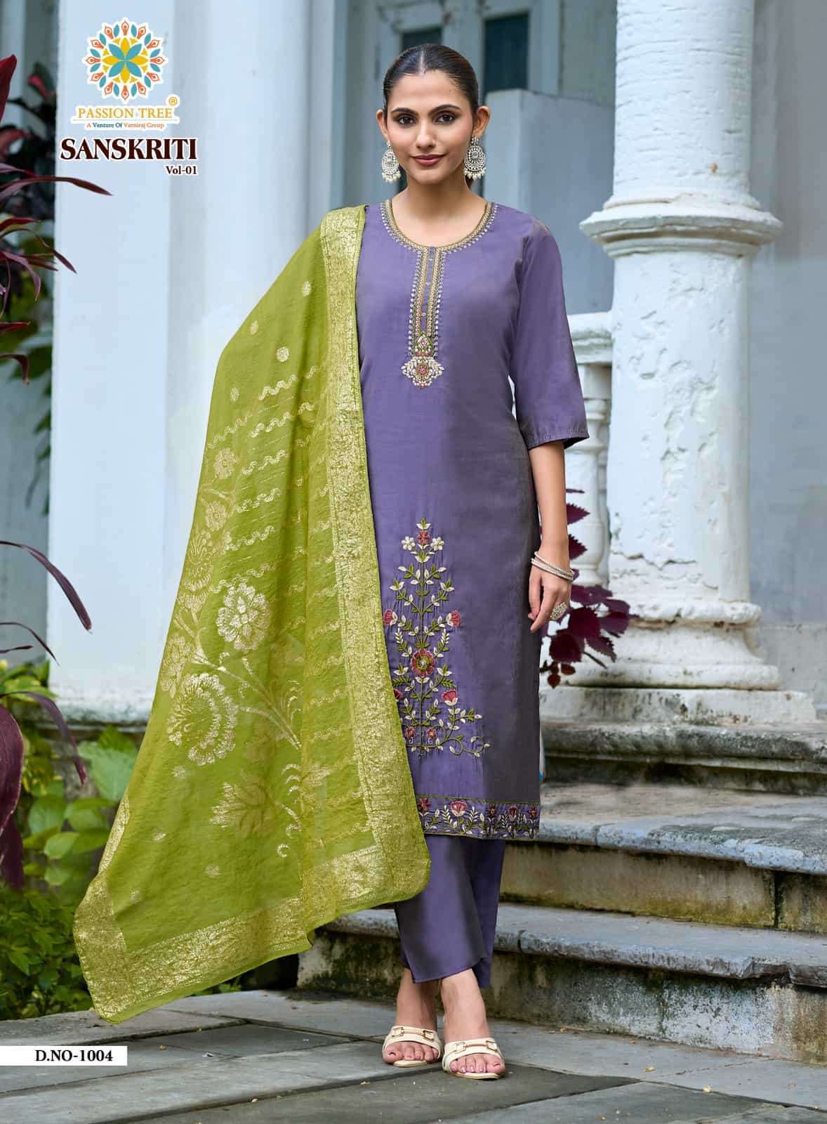 SANSKRITI VOL-1 SERIES 1001 TO 1008 BY PASSION TREE DESIGNER EMBROIDERY WORK ROMAN SHIMMER TOP WITH BOTTOM AND DUPATTA ARE AVAILABLE AT WHOLESALE PRICE