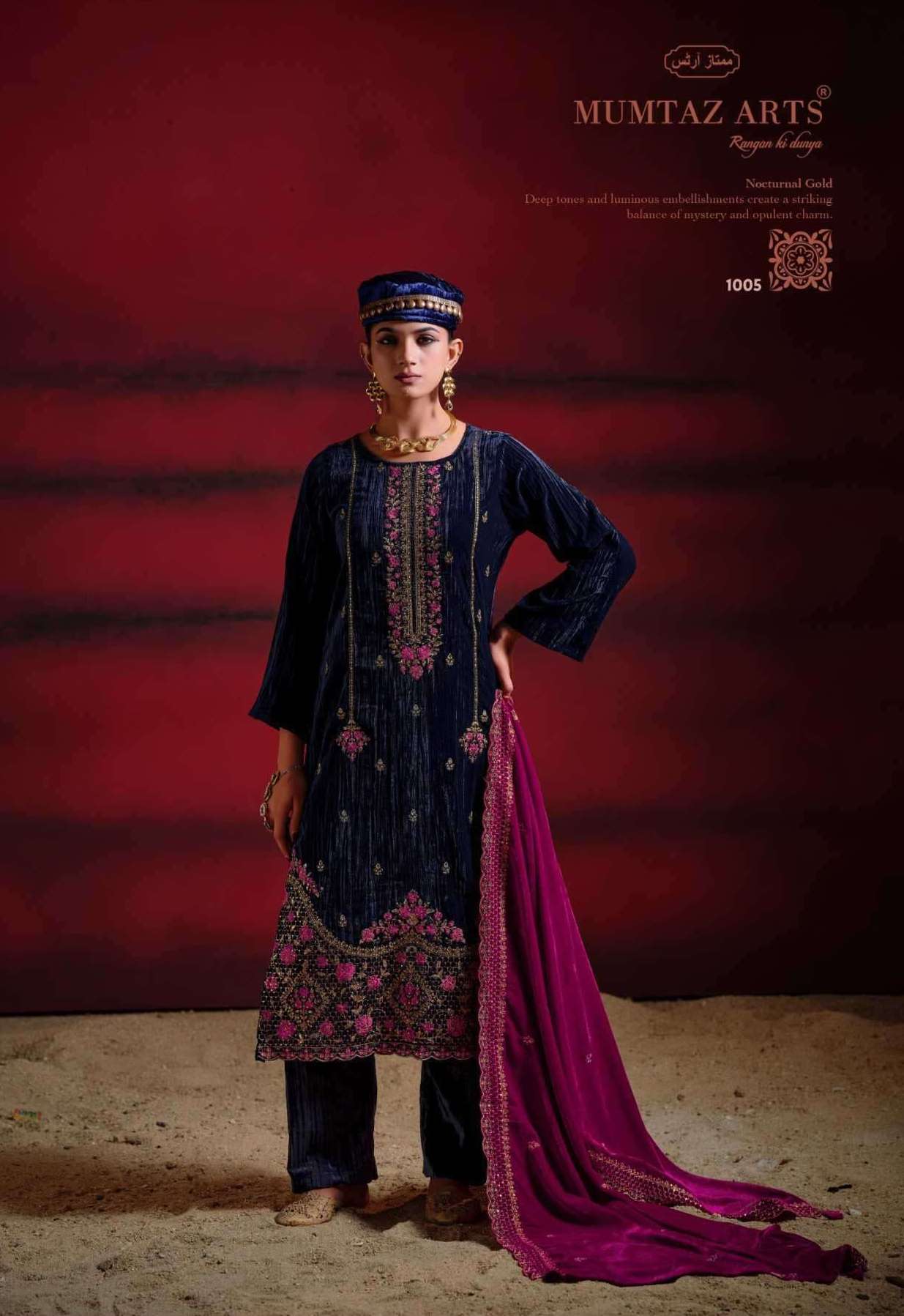 SANWARIYA SERIES 1001 TO 1006 BY MUMTAZ ARTS DESIGNER EMBROIDERY WORK CRUSH VELVET SUITS ARE AVAILABLE AT WHOLESALE PRICE