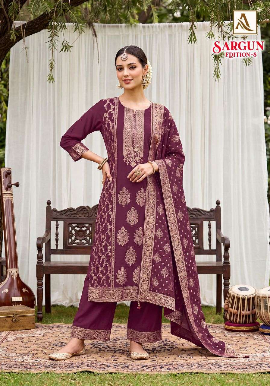 SARGUN EDITION-8 SERIES 1234 BY ALOK SUITS DESIGNER HAND WORK VISCOSE MUSLIN JACQUARD SUITS ARE AVAILABLE AT WHOLESALE PRICE