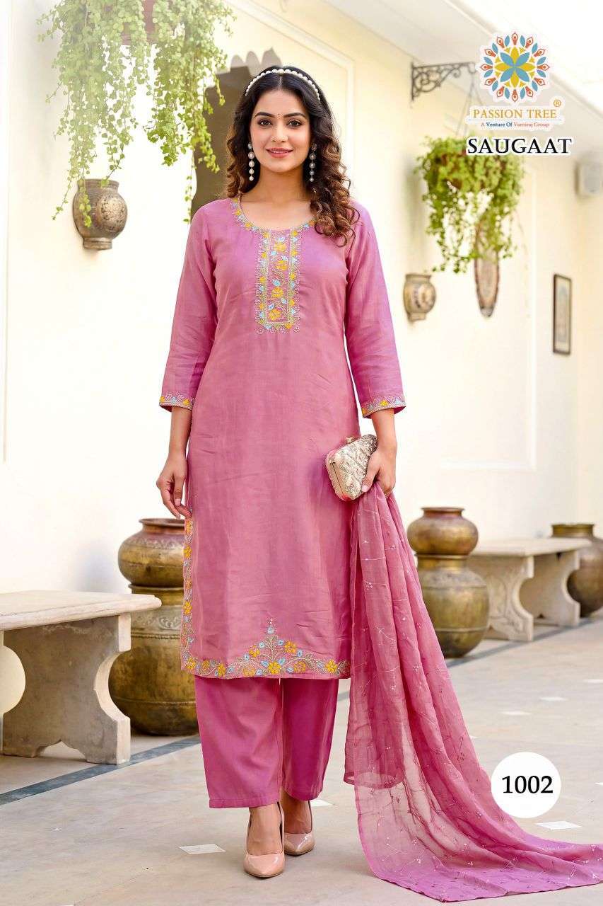 SAUGAAT VOL-1 SERIES 1001 TO 1008 BY PASSION TREE DESIGNER EMBROIDERY WORK MUL CHANDERI KURTI WITH BOTTOM AND DUPATTA ARE AVAILABLE AT WHOLESALE PRICE 