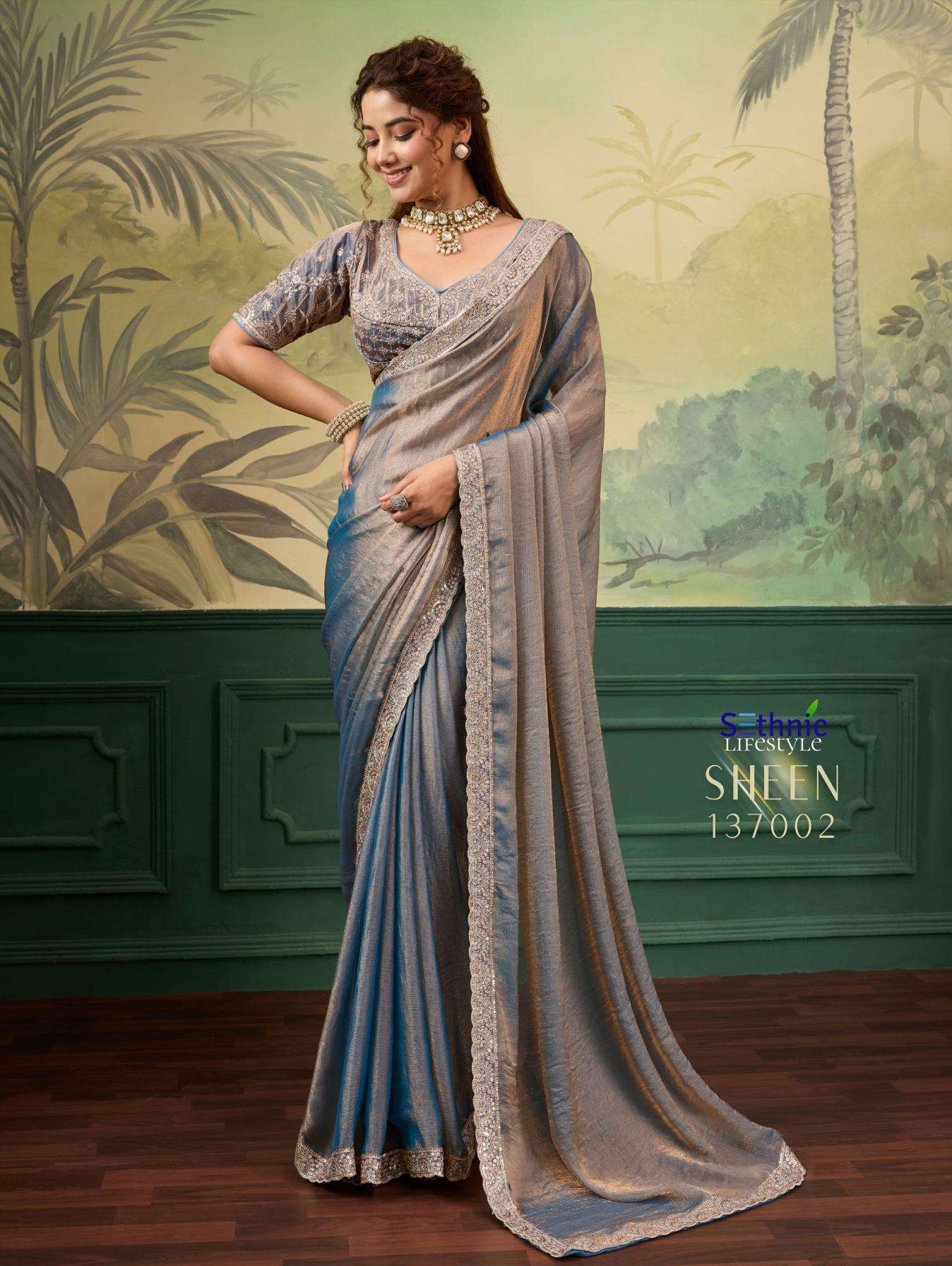 SHEEN SERIES 137001 TO 137002 SAREE BY SETHNIC DESIGNER VELVET CHIFFON SAREE ARE AVAILABLE AT WHOLESALE PRICE