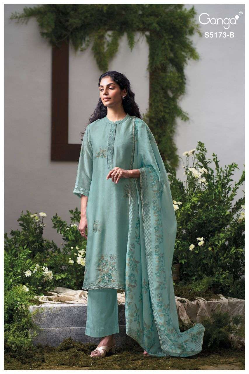 SHIVALI SERIES 5173 BY GANGA DESIGNER SATIN PRINTED WITH HAND WORK AND HAND EMBROIDERY WORK BEMBERG SILK SUITS ARE AVAILABLE AT WHOLESALE PRICE 