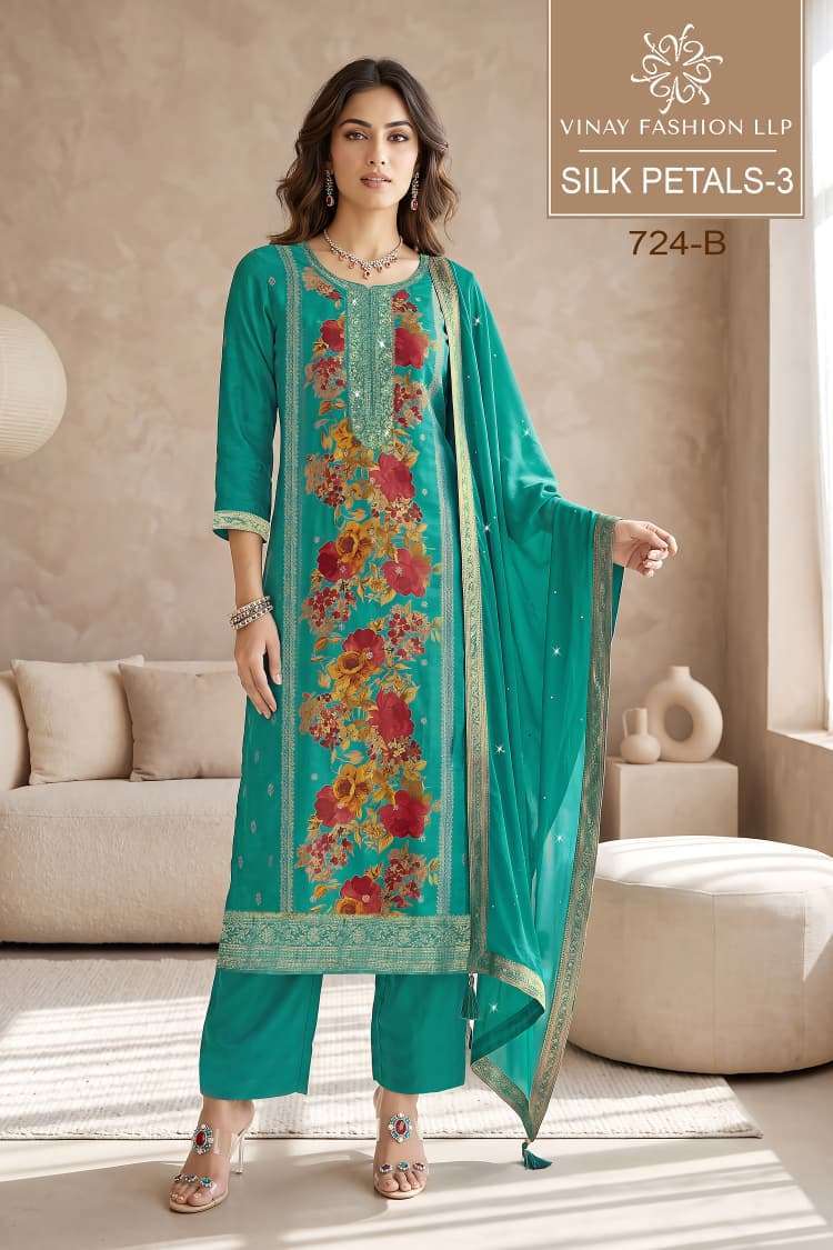 SILK PETALS VOL-3 SERIES 724 BY VINAY DESIGNER POSITION PRINT AND EMBROIDERY WORK RUSSIAN SILK SUITS ARE AVAILABLE AT WHOLESALE PRICE 