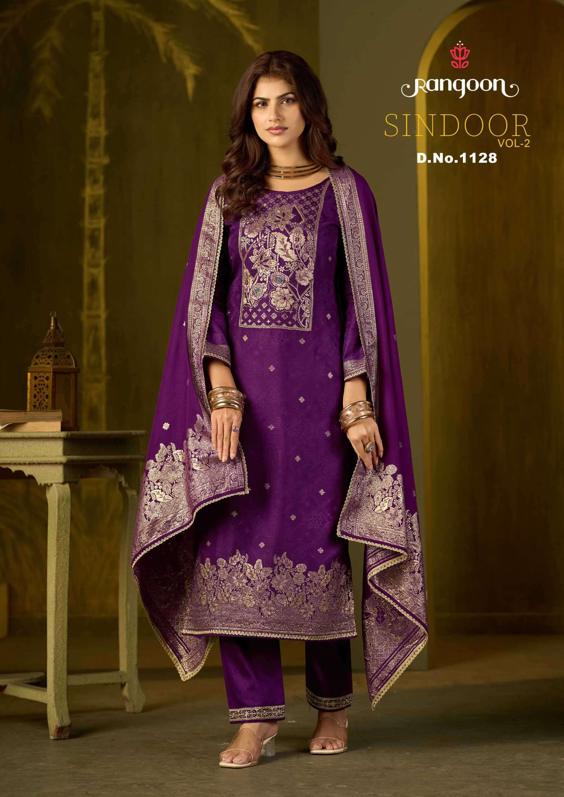 SINDOOR VOL-2 SERIES 1128 TO 1131 BY RANGOON DESIGNER KHATLI HAND WORK DOLA RUSSIAN JACQUARD TOP WITH BOTTOM AND DUPATTA ARE AVAILABLE AT WHOLESALE PRICE