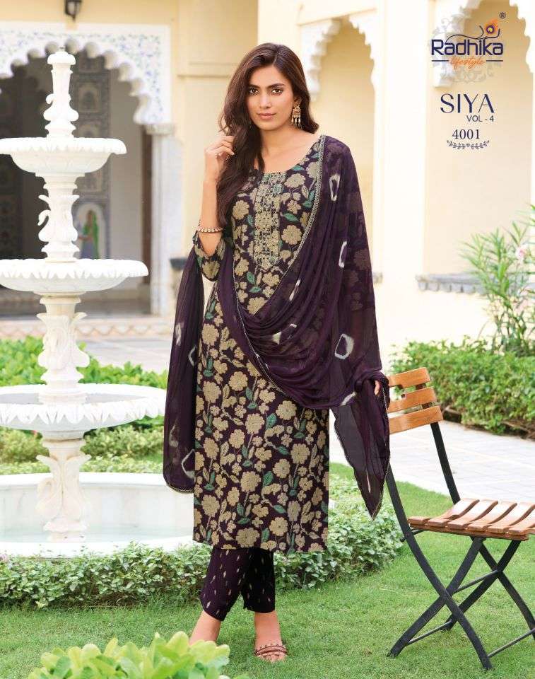 SIYA VOL-4 SERIES 4001 TO 4005 BY RADHIKA LIFESTYLE DESIGNER DISCHARGE FOIL PRINT AND EMBROIDERY WORK RAYON TOP WITH BOTTOM AND DUPATTA ARE AVAILABLE AT WHOLESALE PRICE