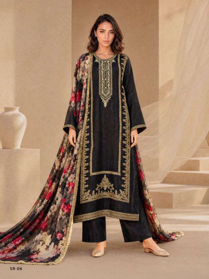 SURMAY SERIES 01 TO 06 BY VARSHA DESIGNER EMBROIDERY WORK VISCOSE RUSSIAN WOVEN SILK SUITS ARE AVAILABLE AT WHOLESALE PRICE