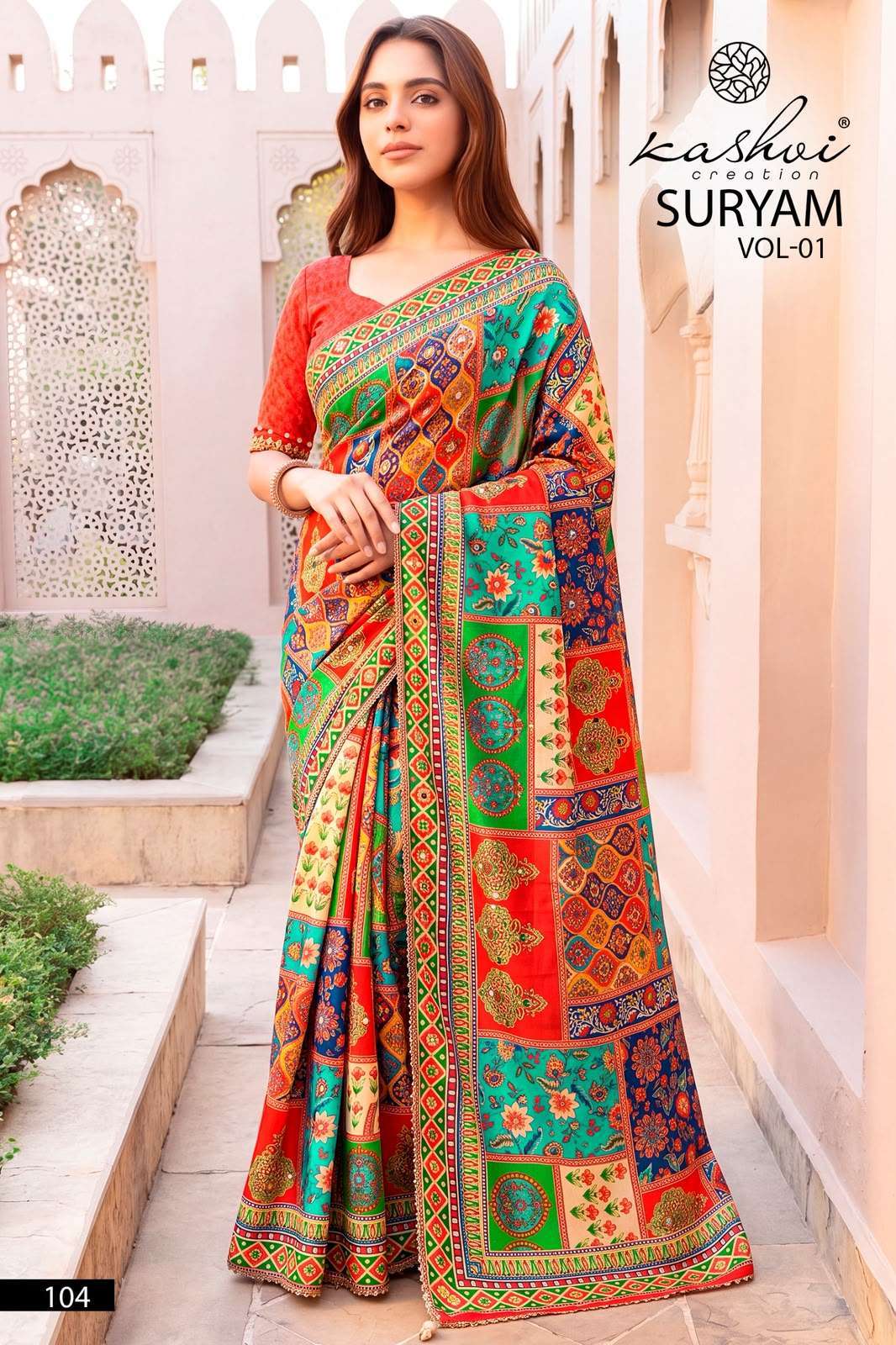 SURYAM VOL-1 SERIES 101 TO 104 SAEEE BY KASHVI DESIGNER DIGITAL PRINTED AND MIRROR WORK CHINON SAREE ARE AVAILABLE AT WHOLESALE PRICE 
