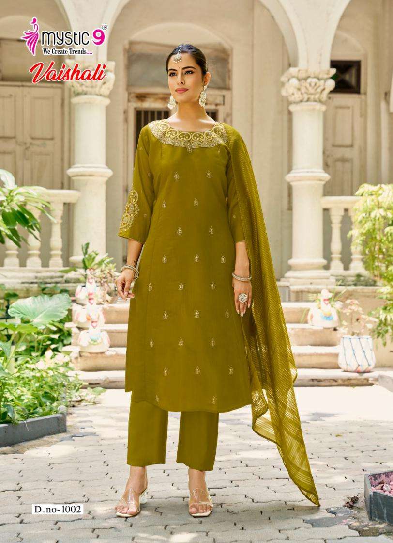 VAISHALI VOL-1 SERIES 1001 TO 1008 BY MYSTIC 9 DESIGNER EMBROIDERY WORK MUL CHANDERI TOP WITH BOTTOM AND DUPATTA ARE AVAILABLE AT WHOLESALE PRICE