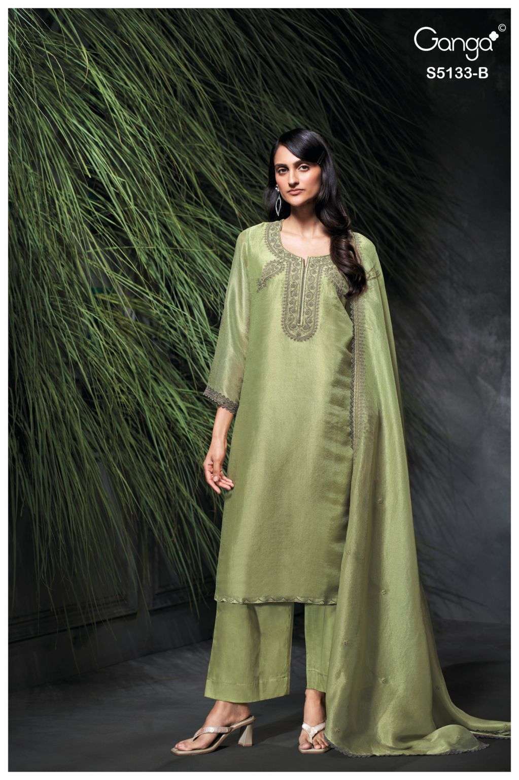 YULIANA SERIES 5133 BY GANGA DESIGNER EMBROIDERY AND SCHIFFLI EMBROIDERY WORK BEMBERG SILK JACQUARD SUITS ARE AVAILABLE AT WHOLESALE PRICE