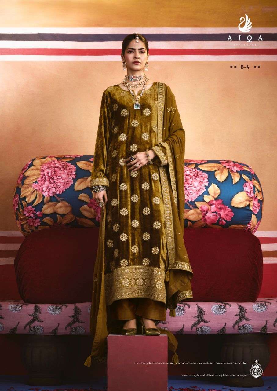 ZARNISH SERIES B1 TO B6 BY AIQA DESIGNER FANCY WORK VISCOSE VELVET SUITS ARE AVAILABLE AT WHOLESALE PRICE