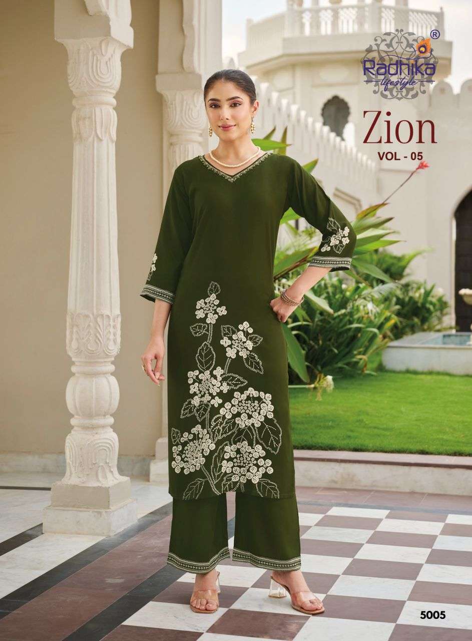 ZION VOL-5 SERIES 5001 TO 5008 BY RADHIKA LIFESTYLE DESIGNER PRINTED RAYON KURTI WITH PLAZZO ARE AVAILABLE AT WHOLESALE PRICE