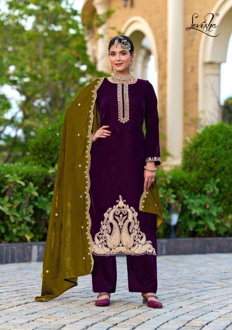 AARUSHI SERIES 1013 TO 1017 BY LEVISHA DESIGNER EMBROIDERY WORK 9000 VELVET SUITS ARE AVAILABLE AT WHOLESALE PRICE