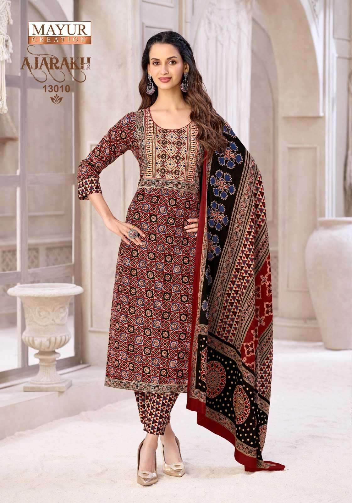 AJARAKH VOL-13 SERIES 13001 TO 13010 BY MAYUR DESIGNER PRINTED AND EMBROIDERY WORK COTTON READYMADE SUITS ARE AVAILABLE AT WHOLESALE PRICE