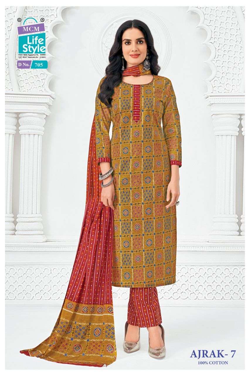 AJRAK VOL-7 SERIES 702 TO 711 BY MCM DESIGNER READYMADE COTTON SUITS ARE AVAILABLE AT WHOLESALE PRICE