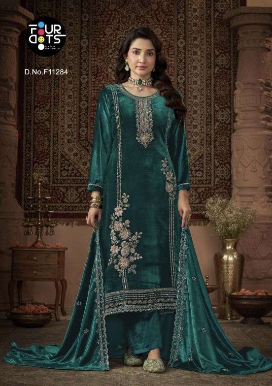 ALBELI SERIES 11261 TO 11264 BY FOUR DOTS DESIGNER BEADS WORK MAKHMAL VELVET SUITS ARE AVAILABLE AT WHOLESALE PRICE 