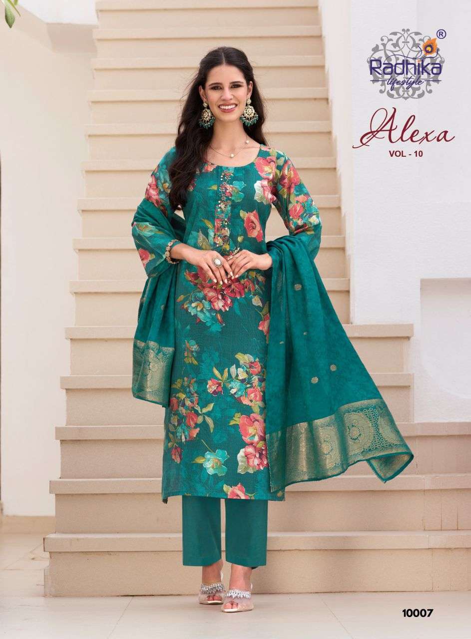 ALEXA VOL-10 SERIES 10001 TO 10008 BY RADHIKA LIFESTYLE DESIGNER FOIL PRINTED AND HAND WORK VATICAN SILK TOP WITH BOTTOM AND DUPATTA ARE AVAILABLE AT WHOLESALE PRICE