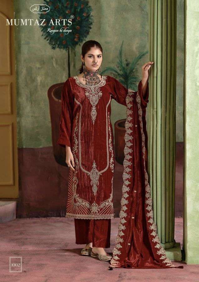 ALISHA SERIES 1001 TO 1004 BY MUMTAZ ARTS DESIGNER THREAD EMBROIDERY AND EMBROIDERY WORK CRUSH VELVET SUITS ARE AVAILABLE AT WHOLESALE PRICE 