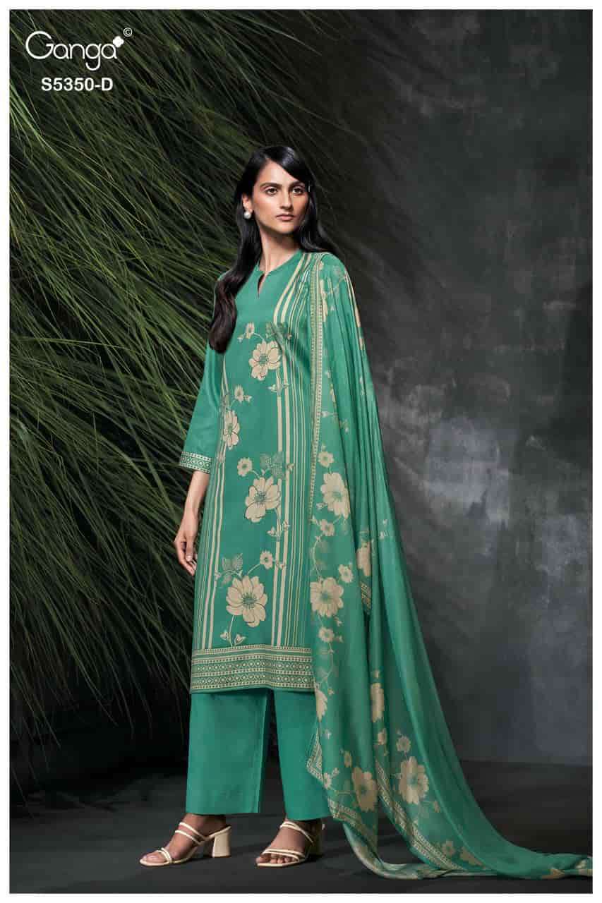 ALLEGRA SERIES 5350 BY GANGA DESIGNER PRINTED WITH HAND WORK AND HAND EMBROIDERY WORK WOOL PASHMINA SUITS ARE AVAILABLE AT WHOLESALE PRICE 