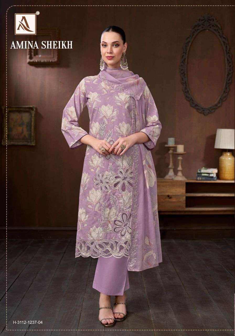 AMINA SHEIKH SERIES 3112 BY ALOK SUITS DESIGNER FOIL PRINTED AND EMBROIDERY WORK CAMBRIC COTTON SUITS ARE AVAILABLE AT WHOLESALE PRICE 