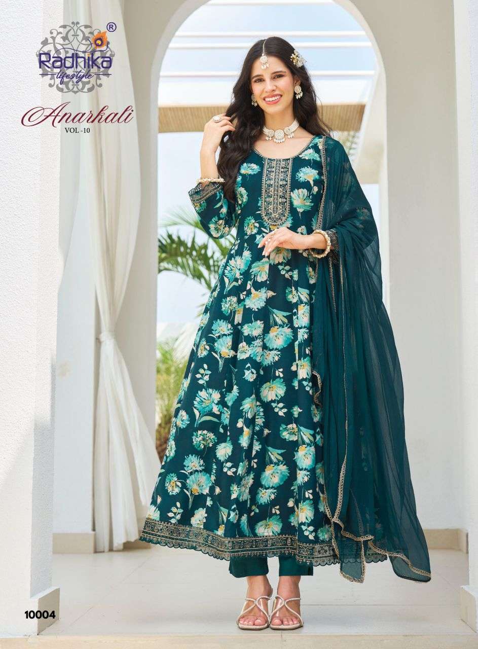ANARKALI VOL-10 SERIES 10001 TO 10006 BY RADHIKA LIFESTYLE DESIGNER PRINTED AND WORK RAYON ANARKALI TOP WITH BOTTOM AND DUPATTA ARE AVAILABLE AT WHOLESALE PRICE