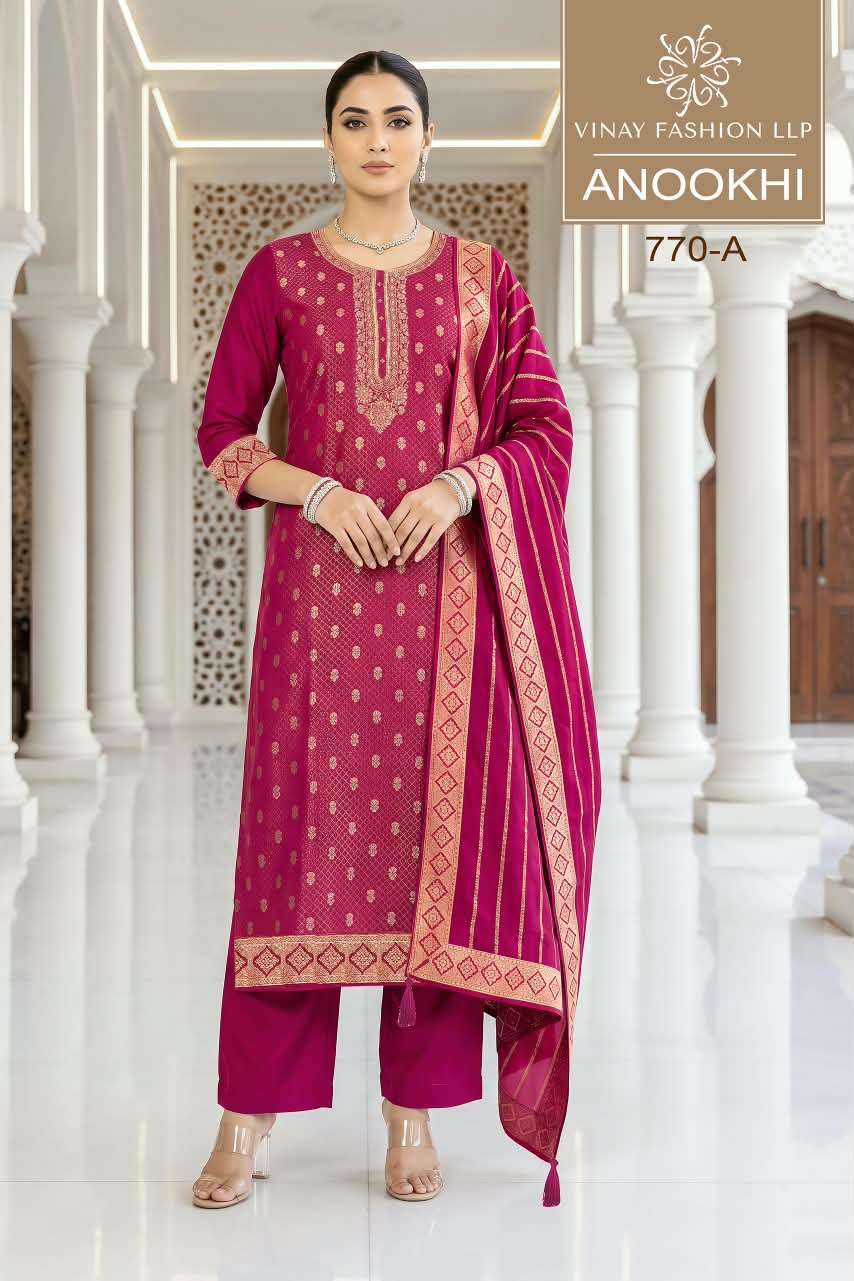 ANOOKHI SERIES 770 BY VINAY DESIGNER HAND WORK VOSCOSE CHINAYA SILK JACQUARD SUITS ARE AVAILABLE AT WHOLESALE PRICE