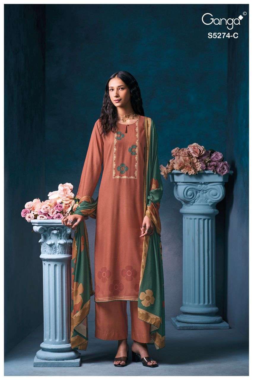 ARTEMIS SERIES 5274 BY GANGA DESIGNER PRINTED AND HAND WORK WOOL PASHMINA SUITS ARE AVAILABLE AT WHOLESALE PRICE