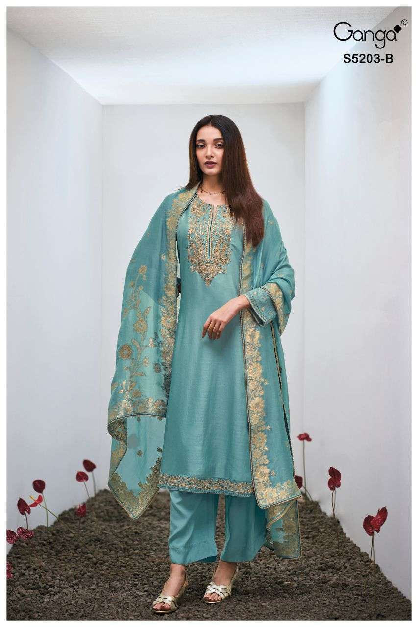 ASARIT SERIES 5203 BY GANGA DESIGNER EMBROIDERY HAND WORK BEMBERG RUSSIAN SILK SUITS ARE AVAILABLE AT WHOLESALE PRICE