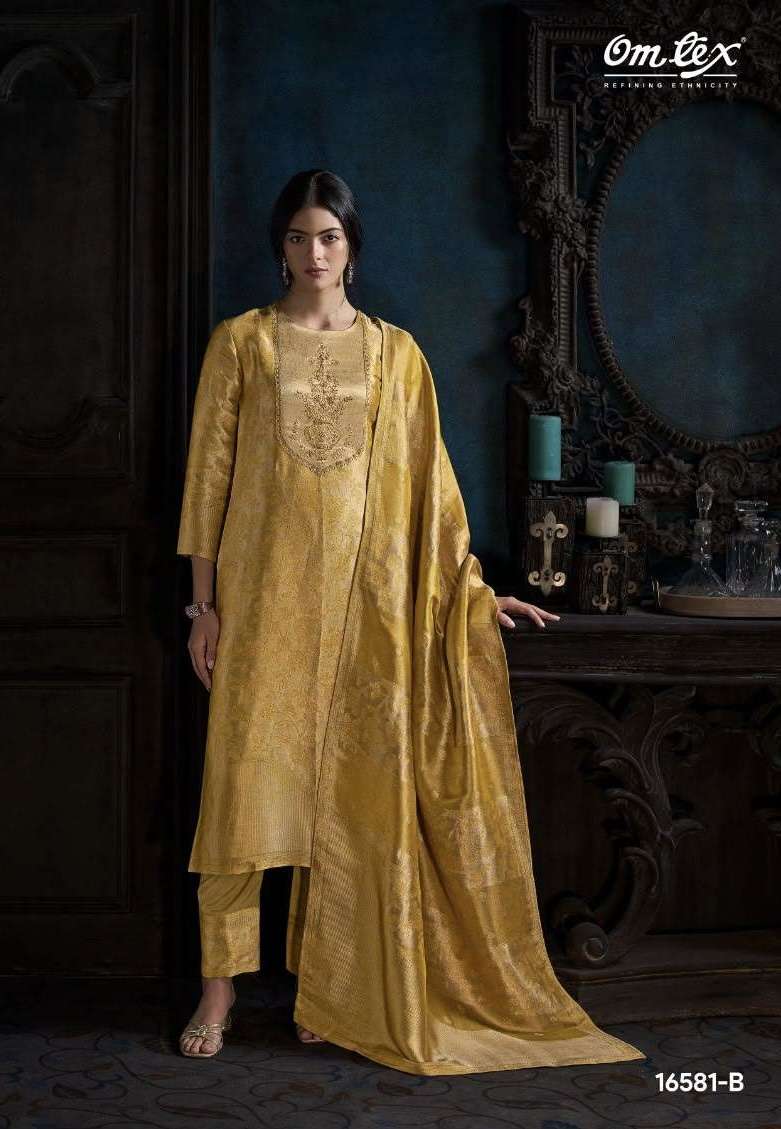 AUREYA SERIES 16581 BY OMTEX DESIGNER EMBROIDERY PATCH AND HAND WORK SILK JACQUARD SUITS ARE AVAILABLE AT WHOLESALE PRICE 