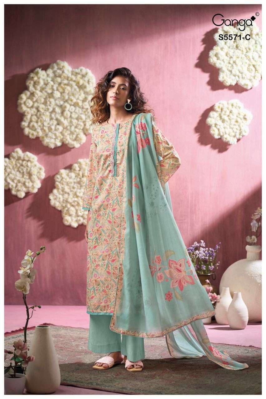 AZELIE SERIES 5571 BY GANGA DESIGNER PRINTED AND EMBROIDERY WORK WOOL PASHMINA SUITS ARE AVAILABLE AT WHOLESALE PRICE