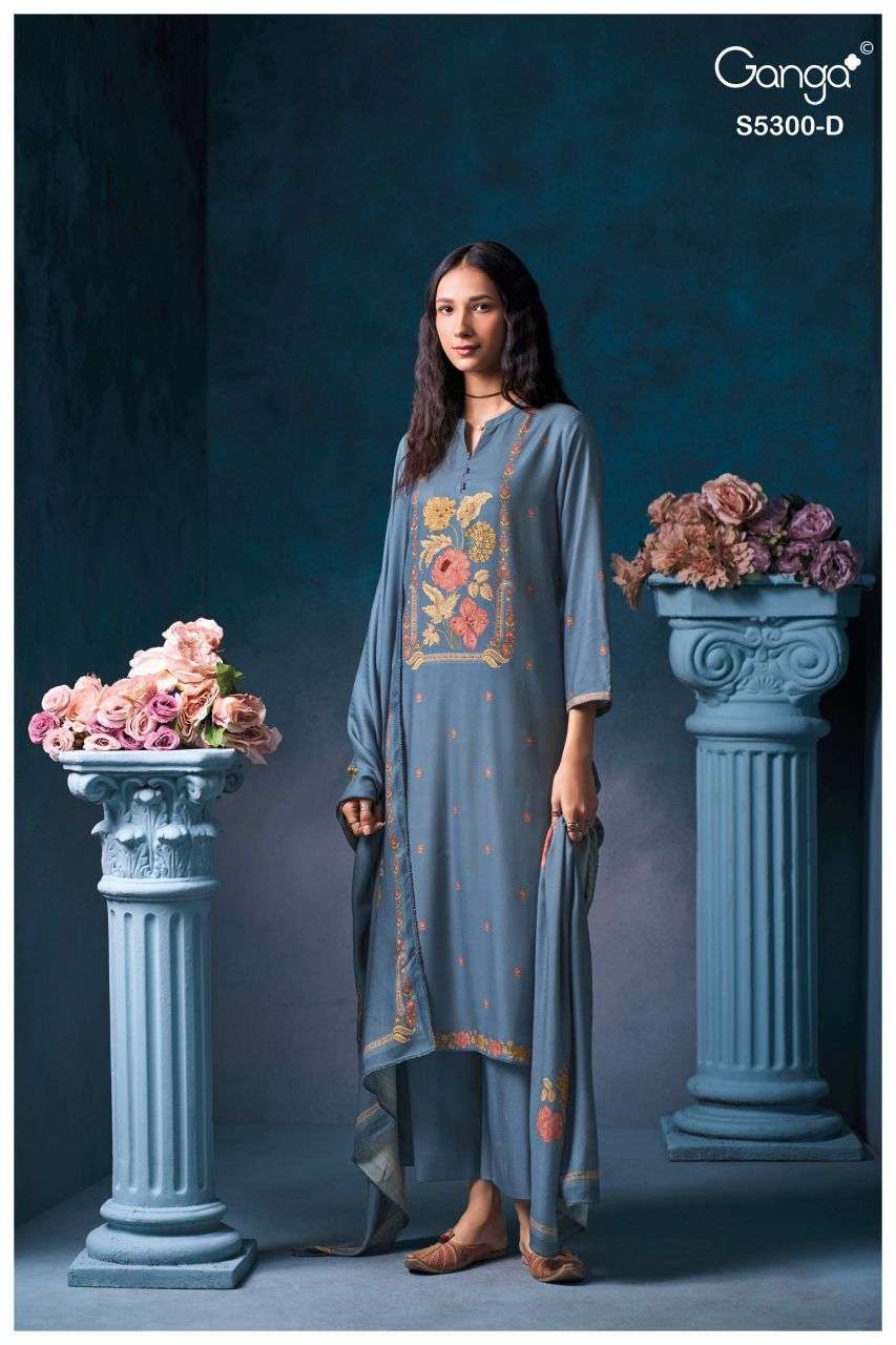 BAYAEL SERIES 5300 BY GANGA DESIGNER PRINTED WITH HAND WORK AND SWAROVASKI WORK WOOL PASHMINA SUITS ARE AVAILABLE AT WHOLESALE PRICE