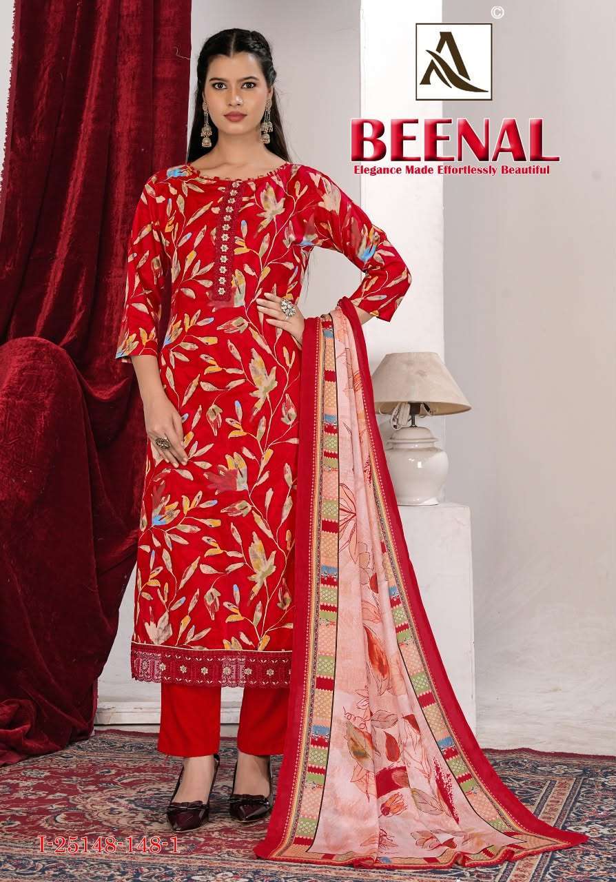 BEENAL SERIES 25148 BY ALOK SUITS DESIGNER DISCHARGE PRINT AND EMBROIDERY WORK JAM SUITS ARE AVAILABLE AT WHOLESALE PRICE