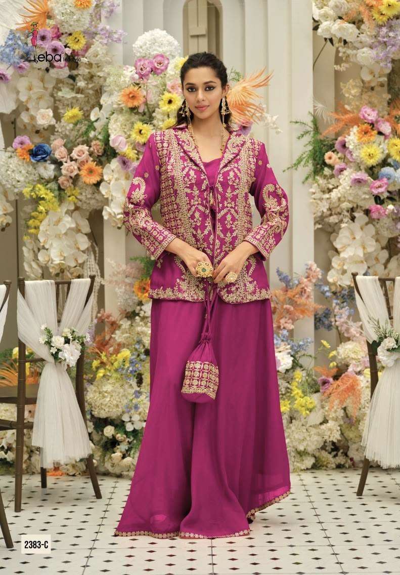 BELINA SERIES 2383 BY EBA DESIGNER EMBROIDERY WORK CHINON JACKET WITH SKIRT AND BLOUSE ARE AVAILABLE AT WHOLESALE PRICE 