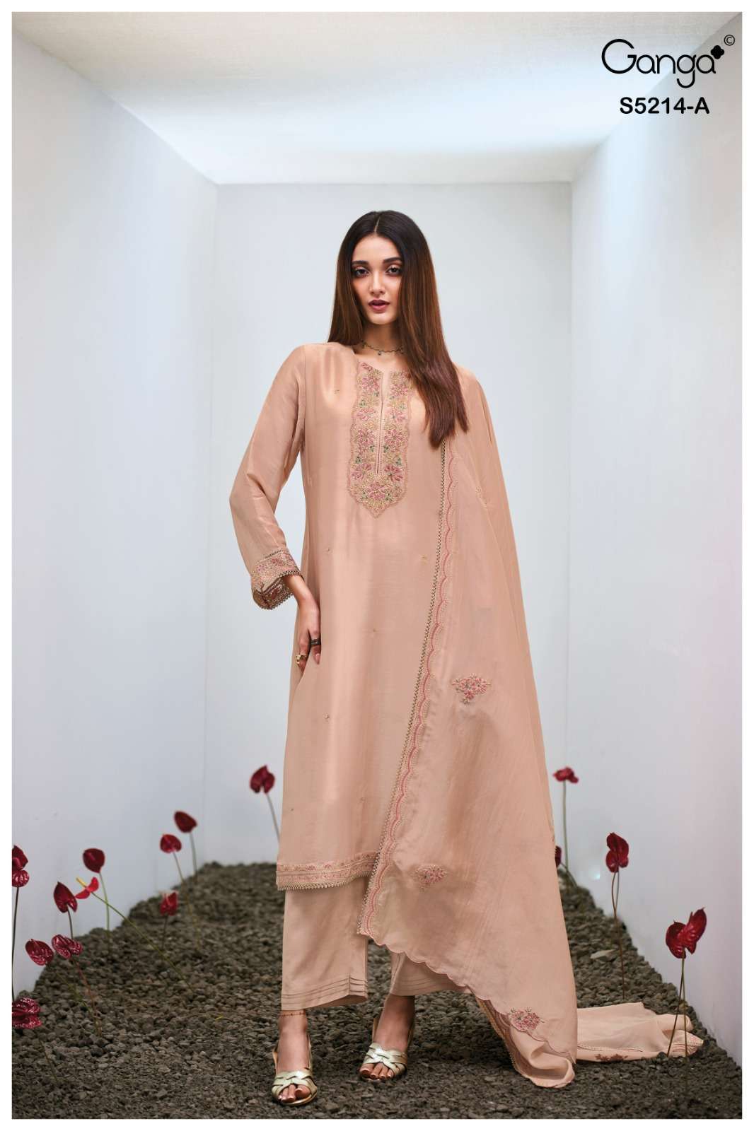 BEYRA SERIES 5214 BY GANGA DESIGNER EMBROIDERY AND HAND WORK BEMBERG SILK SATIN SUITS ARE AVAILABLE AT WHOLESALE PRICE 