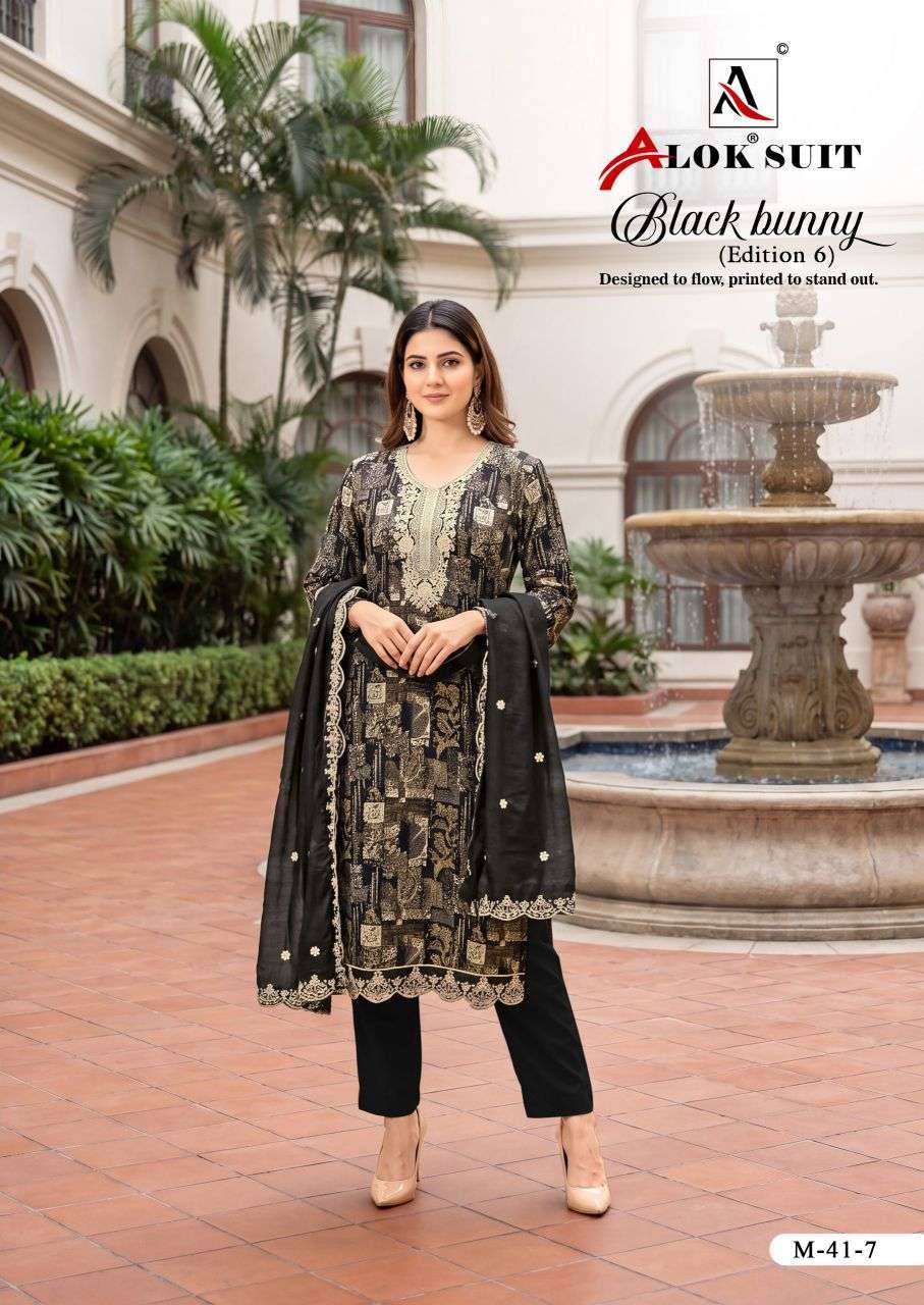 BLACK BUNNY EDITION-6 SERIES 1001 TO 1008 BY ALOK SUITS DESIGNER DISCHARGE FOIL PRINTED AND EMBROIDERY WORK VISCOSE RAYON SUITS ARE AVAILABLE AT WHOLESALE PRICE