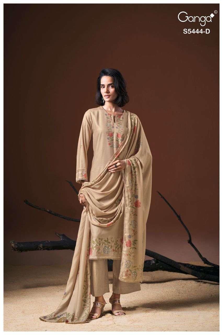 BOVIE SERIES 5444 BY GANGA DESIGNER PRINTED WITH EMBROIDERY WORK SCHIFFLI EMBROIDERY WORK WOOL PASHMINA SUITS ARE AVAILABLE AT WHOLESALE PRICE