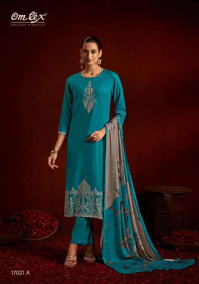 BUSHRA SERIES 17021 BY OMTEX DESIGNER EMBROIDERY WORK PASHMINA SUITS ARE AVAILABLE AT WHOLESALE PRICE