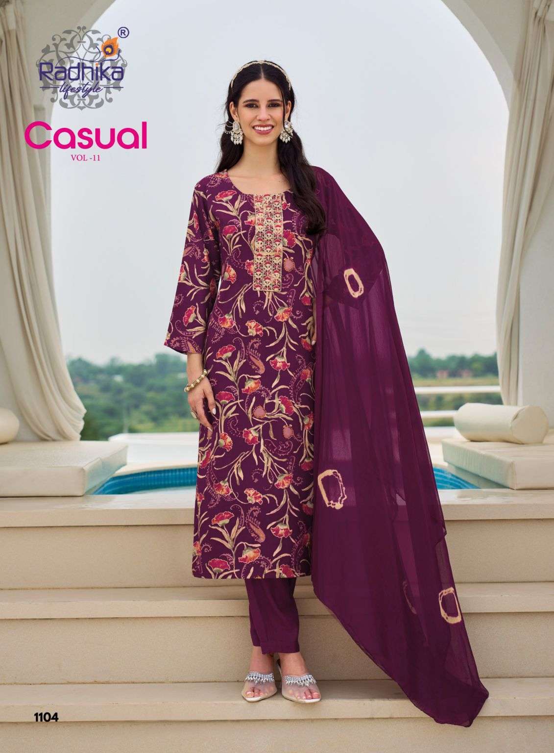 CASUAL VOL-11 SERIES 1101 TO 1106 BY RADHIKA LIFESTYLE DESIGNER FOIL PRINTED AND EMBROIDERY WORK RAYON TOP WITH BOTTOM AND DUPATTA ARE AVAILABLE AT WHOLESALE PRICE