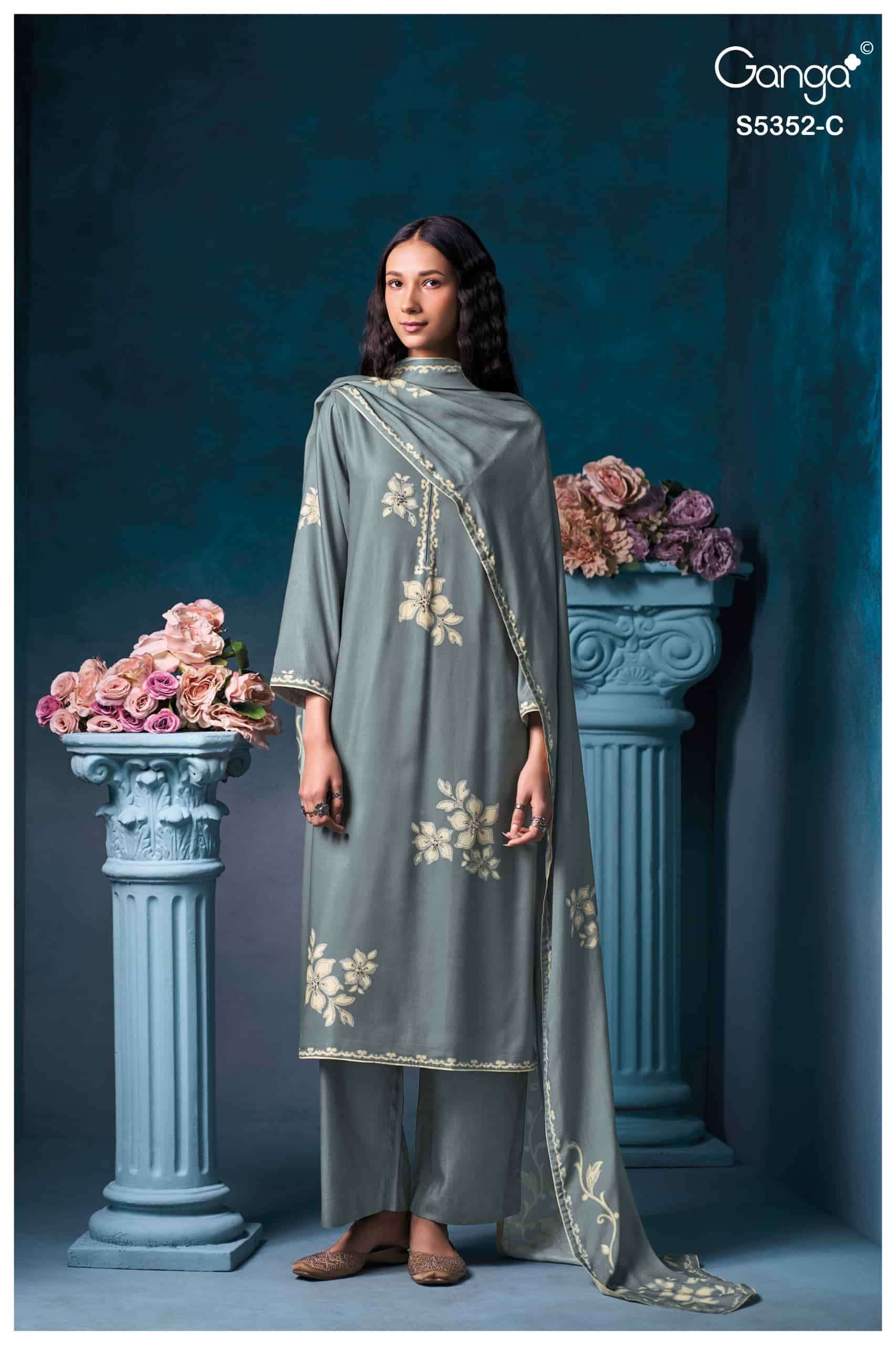 CAVELIA SERIES 5352 BY GANGA DESIGNER PRINTED WITH HAND WORK WORK WOOL PASHMINA SUITS ARE AVAILABLE AT WHOLESALE PRICE