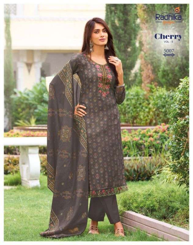 CHERRY VOL-5 SERIES 8001 TO 8008 BY RADHIKA LIFESTYLE DESIGNER DISCHARGE PRINT AND EMBROIDERY WORK MODAL TOP WITH BOTTOM AND DUPATTA ARE AVAILABLE AT WHOLESALE PRICE 